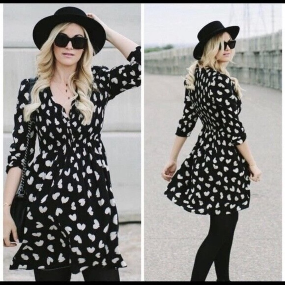 Anthropologie Maeve XSmall Banet black/white heart print smocked dress - Picture 2 of 9